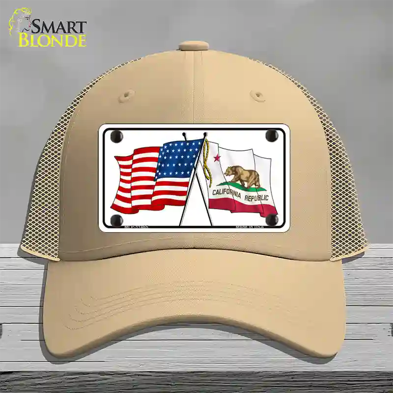 California Crossed US Flag Novelty License Plate Hat Mesh / Khaki