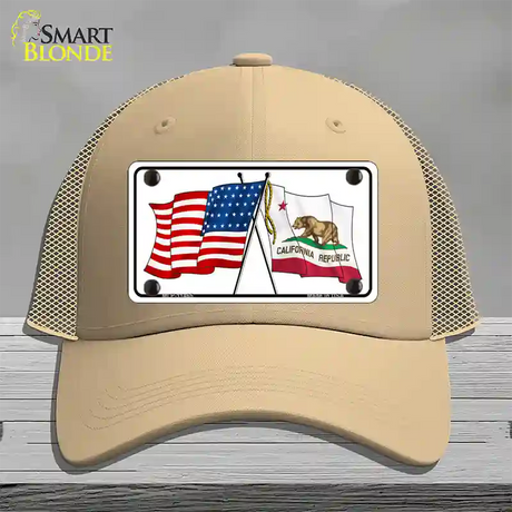 California Crossed US Flag Novelty License Plate Hat Mesh / Khaki