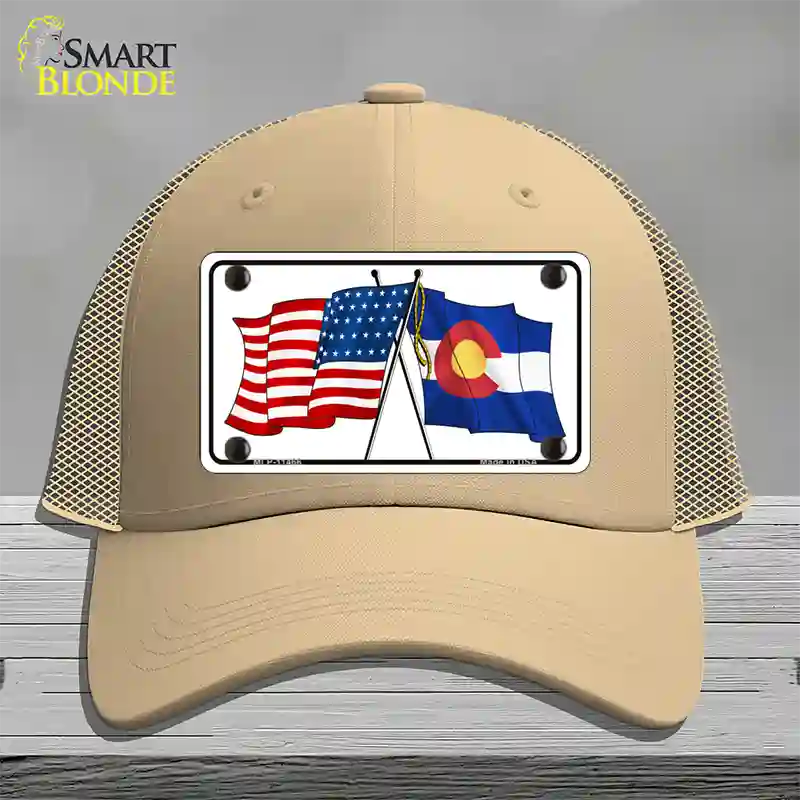 Colorado Crossed US Flag Novelty License Plate Hat Mesh / Khaki