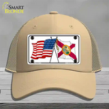 Florida Crossed US Flag Novelty License Plate Hat Mesh / Khaki