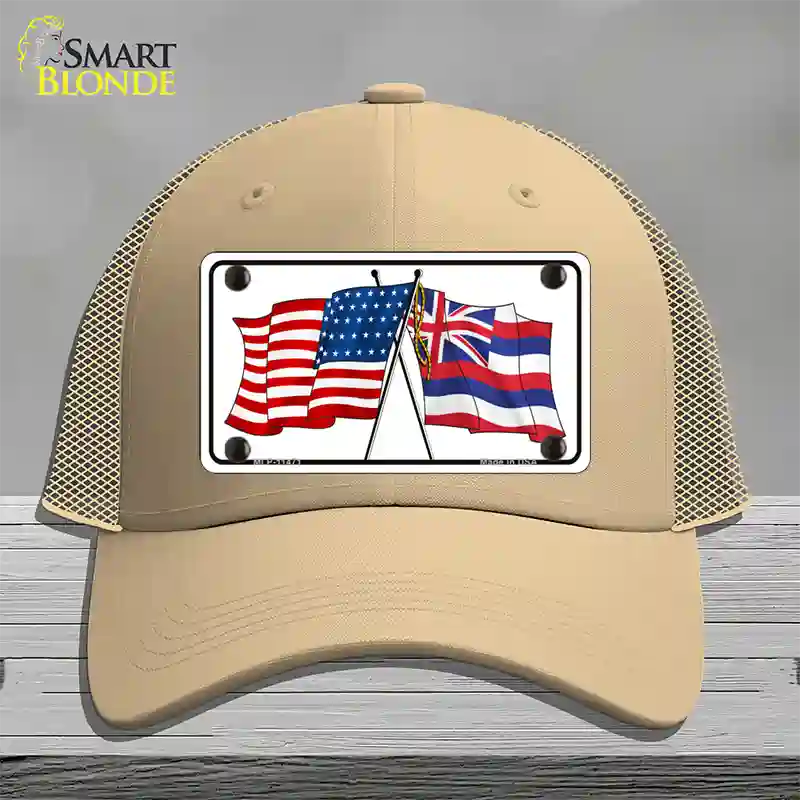 Hawaii Crossed US Flag Novelty License Plate Hat Mesh / Khaki