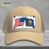 Idaho Crossed US Flag Novelty License Plate Hat Mesh / Khaki