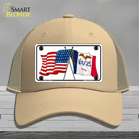 Iowa Crossed US Flag Novelty License Plate Hat Mesh / Khaki