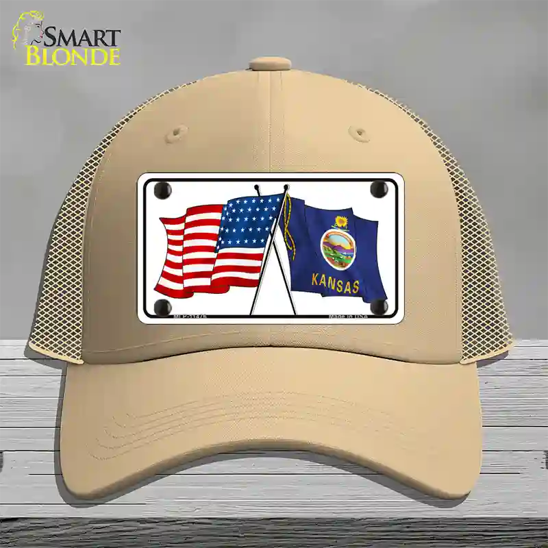 Kansas Crossed US Flag Novelty License Plate Hat Mesh / Khaki