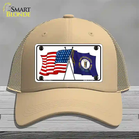 Kentucky Crossed US Flag Novelty License Plate Hat Mesh / Khaki