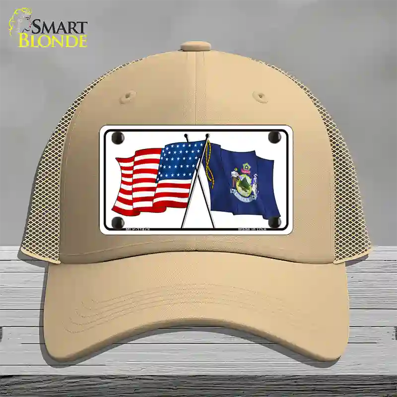 Maine Crossed US Flag Novelty License Plate Hat Mesh / Khaki