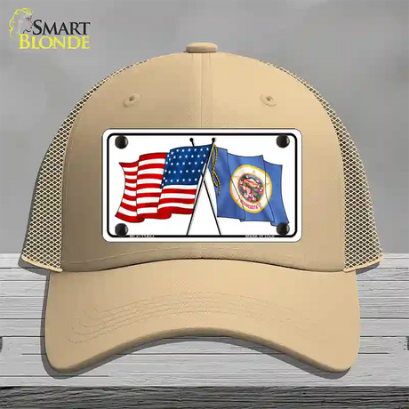 Minnesota Crossed US Flag Novelty License Plate Hat Mesh / Khaki