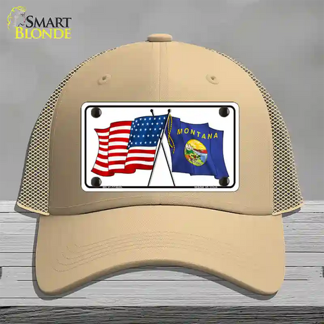 Montana Crossed US Flag Novelty License Plate Hat Mesh / Khaki