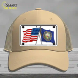 New Hampshire Crossed US Flag Novelty License Plate Hat Mesh / Khaki