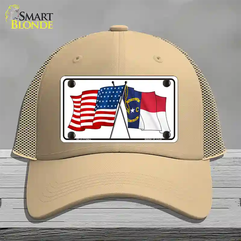 North Carolina Crossed US Flag Novelty License Plate Hat Mesh / Khaki