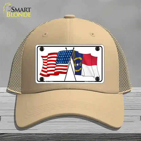 North Carolina Crossed US Flag Novelty License Plate Hat Mesh / Khaki