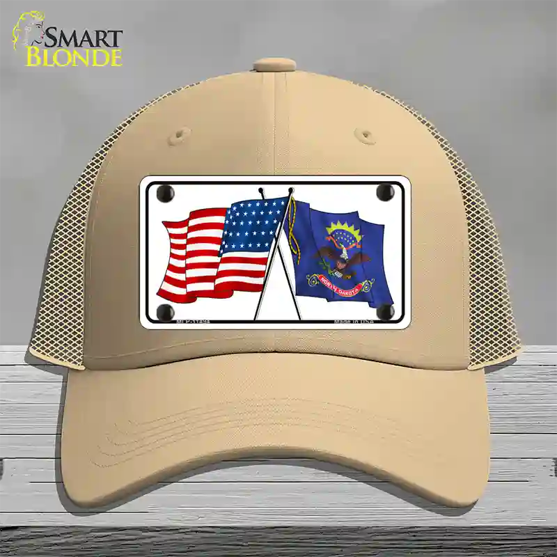 North Dakota Crossed US Flag Novelty License Plate Hat Mesh / Khaki