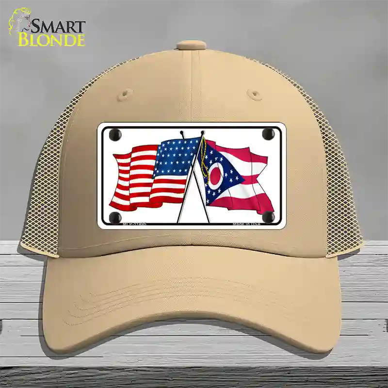 Ohio Crossed US Flag Novelty License Plate Hat Mesh / Khaki