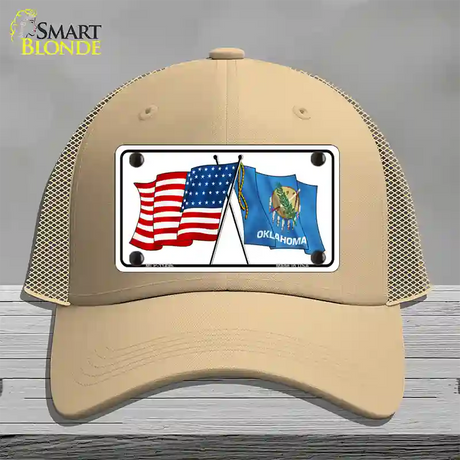 Oklahoma Crossed US Flag Novelty License Plate Hat Mesh / Khaki