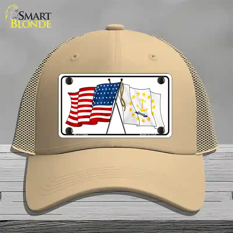 Rhode Island Crossed US Flag Novelty License Plate Hat Mesh / Khaki