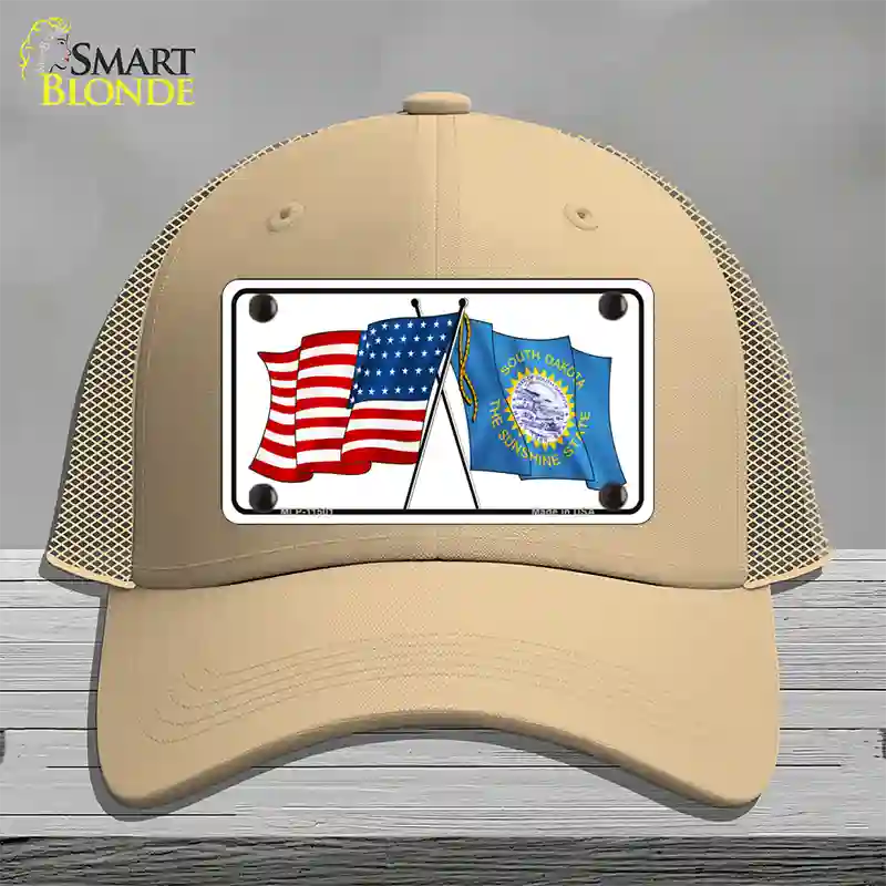 South Dakota Crossed US Flag Novelty License Plate Hat Mesh / Khaki