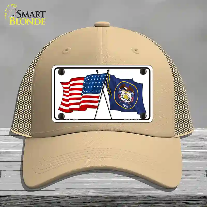 Utah Crossed US Flag Novelty License Plate Hat Mesh / Khaki