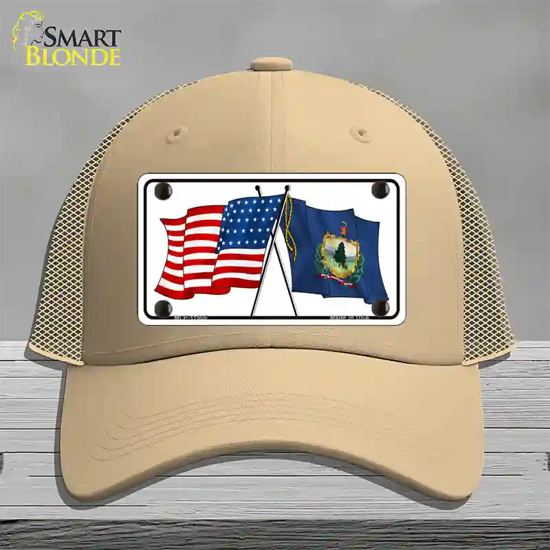 Vermont Crossed US Flag Novelty License Plate Hat Mesh / Khaki