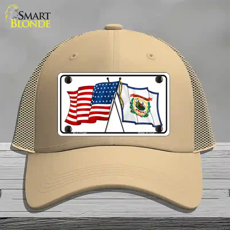 West Virginia Crossed US Flag Novelty License Plate Hat Mesh / Khaki