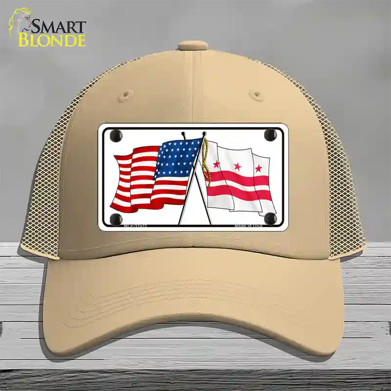 Washington DC Crossed US Flag Novelty License Plate Hat Mesh / Khaki