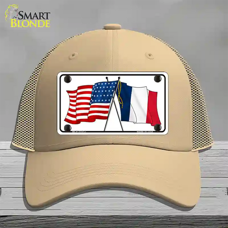 France Crossed US Flag Novelty License Plate Hat Mesh / Khaki