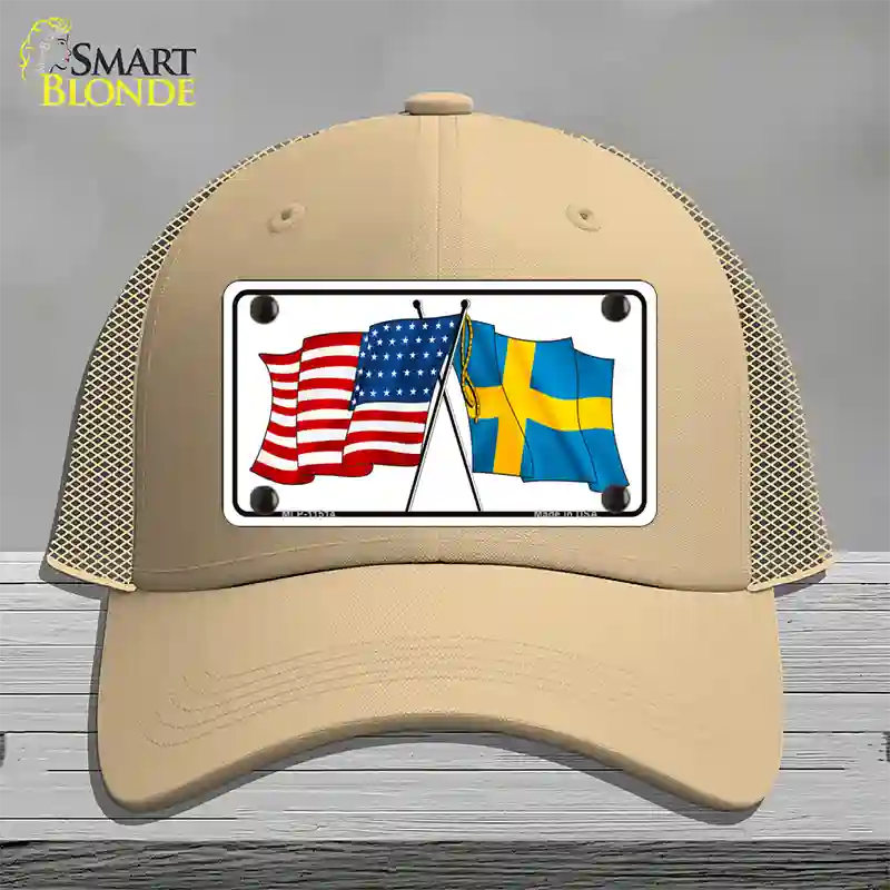 Sweden Crossed US Flag Novelty License Plate Hat Mesh / Khaki