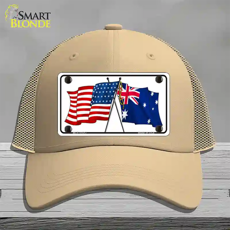 Australia Crossed US Flag Novelty License Plate Hat Mesh / Khaki