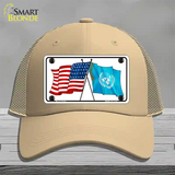 United Nation Crossed US Flag Novelty License Plate Hat Mesh / Khaki