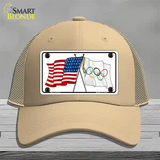 Olympic Crossed US Flag Novelty License Plate Hat Mesh / Khaki