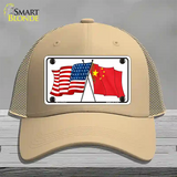 China Crossed US Flag Novelty License Plate Hat Mesh / Khaki