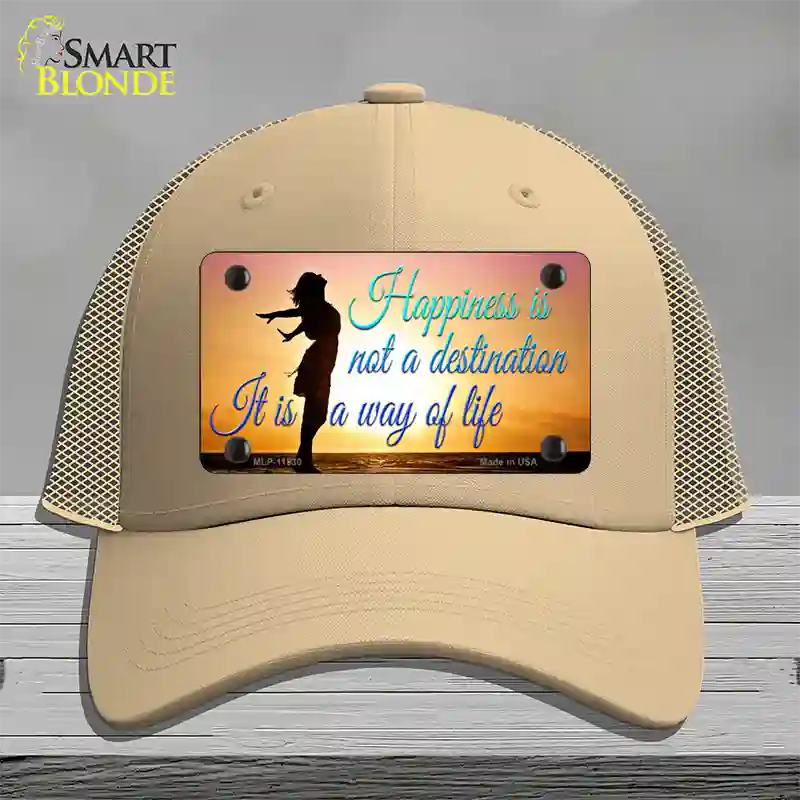 Happiness Way Of Life Sunset Novelty License Plate Hat Mesh / Khaki