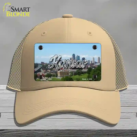 Kansas Downtown Skyline State Novelty License Plate Hat Mesh / Khaki