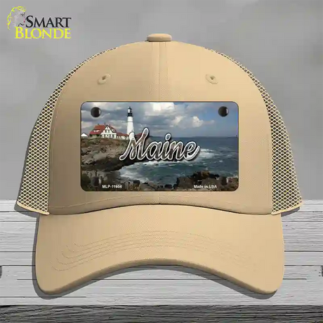 Maine Lighthouse Beach State Novelty License Plate Hat Mesh / Khaki