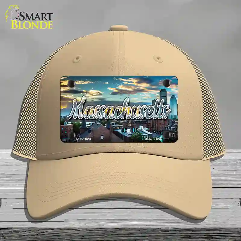 Massachusetts Sunset Skyline State Novelty License Plate Hat Mesh / Khaki