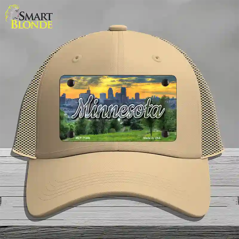 Minnesota City Skyline Sunset State Novelty License Plate Hat Mesh / Khaki