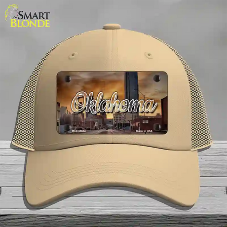 Oklahoma Sunset Skyline State Novelty License Plate Hat Mesh / Khaki