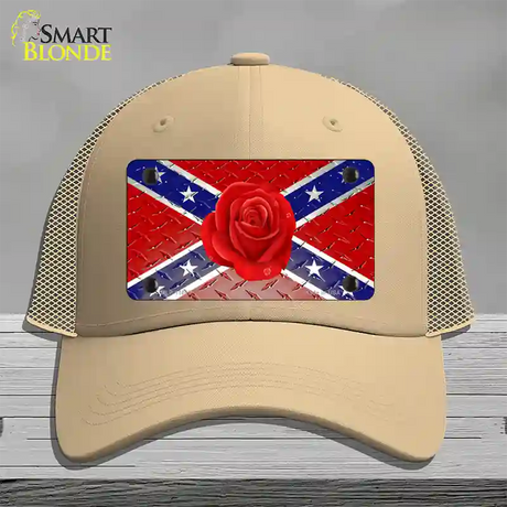 Confederate Flag With Red Rose Novelty License Plate Hat Mesh / Khaki