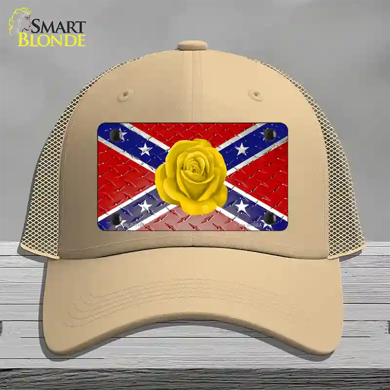 Confederate Flag With Yellow Rose Novelty License Plate Hat Mesh / Khaki