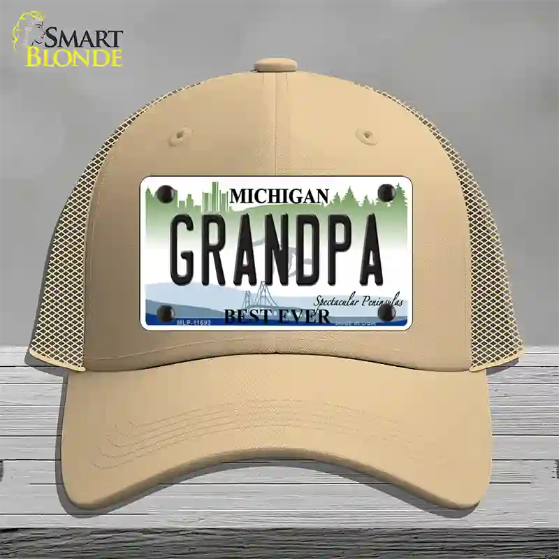 Grandpa Michigan Novelty License Plate Hat Mesh / Khaki