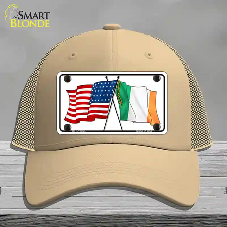 Ireland USA Crossed Flag Novelty License Plate Hat Mesh / Khaki