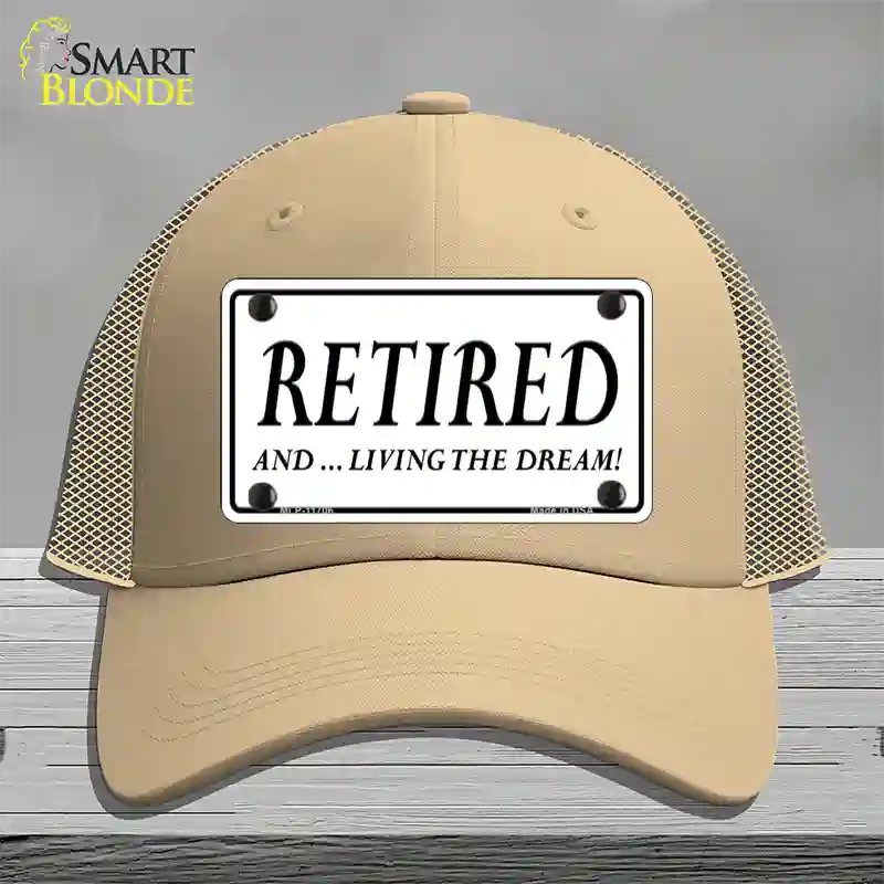 Retired And Living The Dream Novelty License Plate Hat Mesh / Khaki