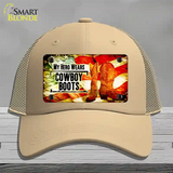 My Hero Wears Cowboy Boots Novelty License Plate Hat Mesh / Khaki