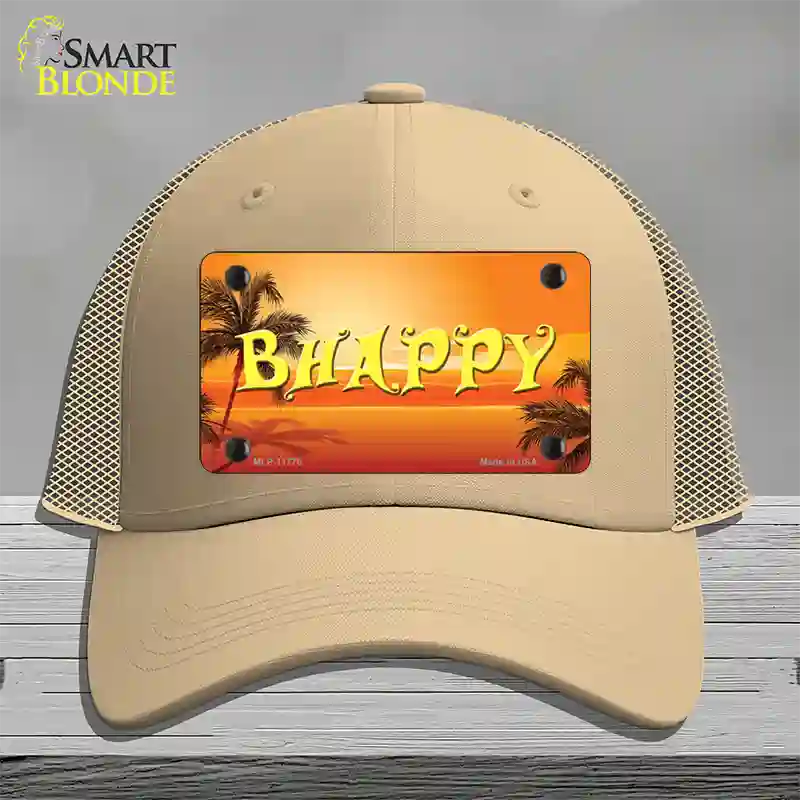 Be Happy Beach Scene Novelty License Plate Hat Mesh / Khaki