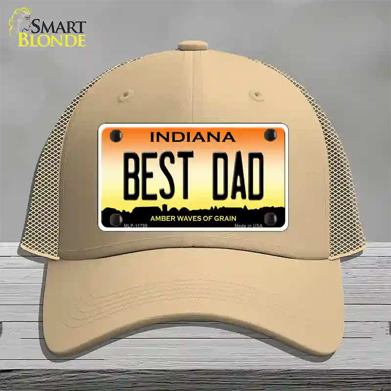 Best Dad Indiana Novelty License Plate Hat Mesh / Khaki