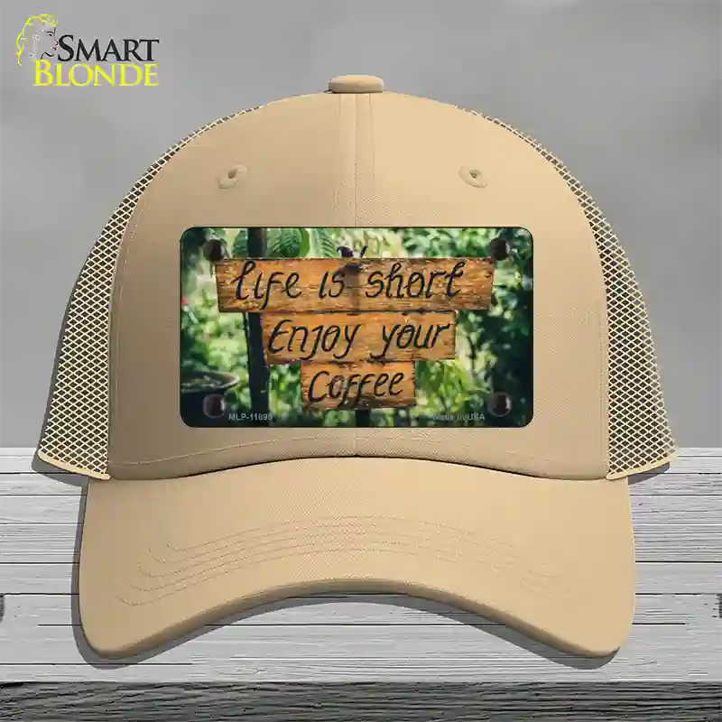 Enjoy Your Coffee Novelty License Plate Hat Mesh / Khaki