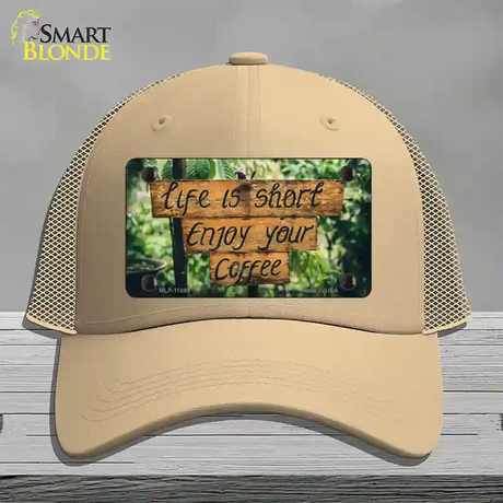 Enjoy Your Coffee Novelty License Plate Hat Mesh / Khaki