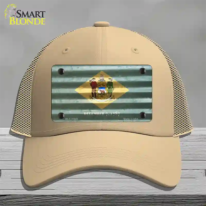 Delaware Corrugated Flag Novelty License Plate Hat Mesh / Khaki