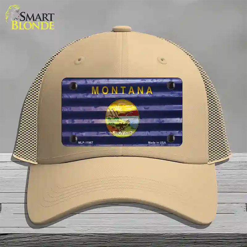 Montana Corrugated Flag Novelty License Plate Hat Mesh / Khaki