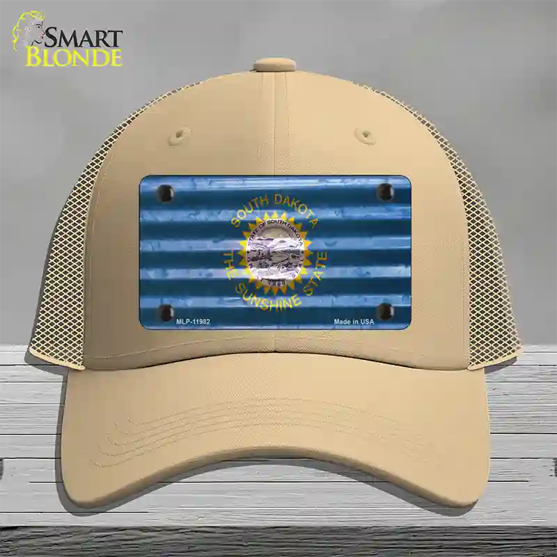 South Dakota Corrugated Flag Novelty License Plate Hat Mesh / Khaki