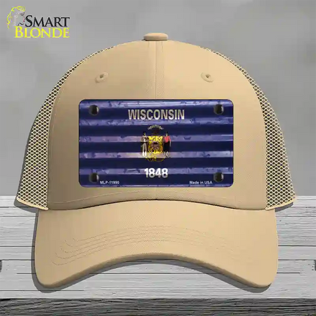 Wisconsin Corrugated Flag Novelty License Plate Hat Mesh / Khaki